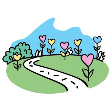 A whimsical garden filled with flowers shaped like "hearts" in various colors including red, pink, yellow, and blue. The garden features lush green grass underfoot, where several heart-shaped flowers are blooming. Each flower has distinct colors and sizes, creating a vibrant display. In the background, small bushes are visible, adding texture and depth to the scene. A winding path made of stones meanders through the garden, inviting exploration. A clear blue sky provides a cheerful backdrop to this enchanting setting.