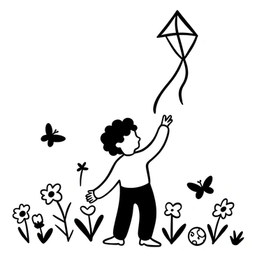 A child with curly hair is playing in a field, surrounded by flowers. The child is holding a colorful kite that is flying high in the sky. Nearby, there are butterflies fluttering around, and a ball is rolling on the grass. The scene conveys a sense of happiness and playfulness.