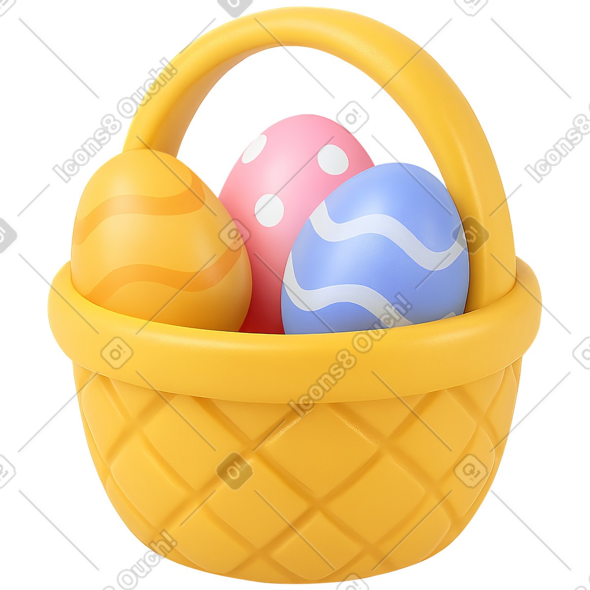 Yellow plastic basket with easter eggs illustration in 3D Cutie style download in PNG, SVG