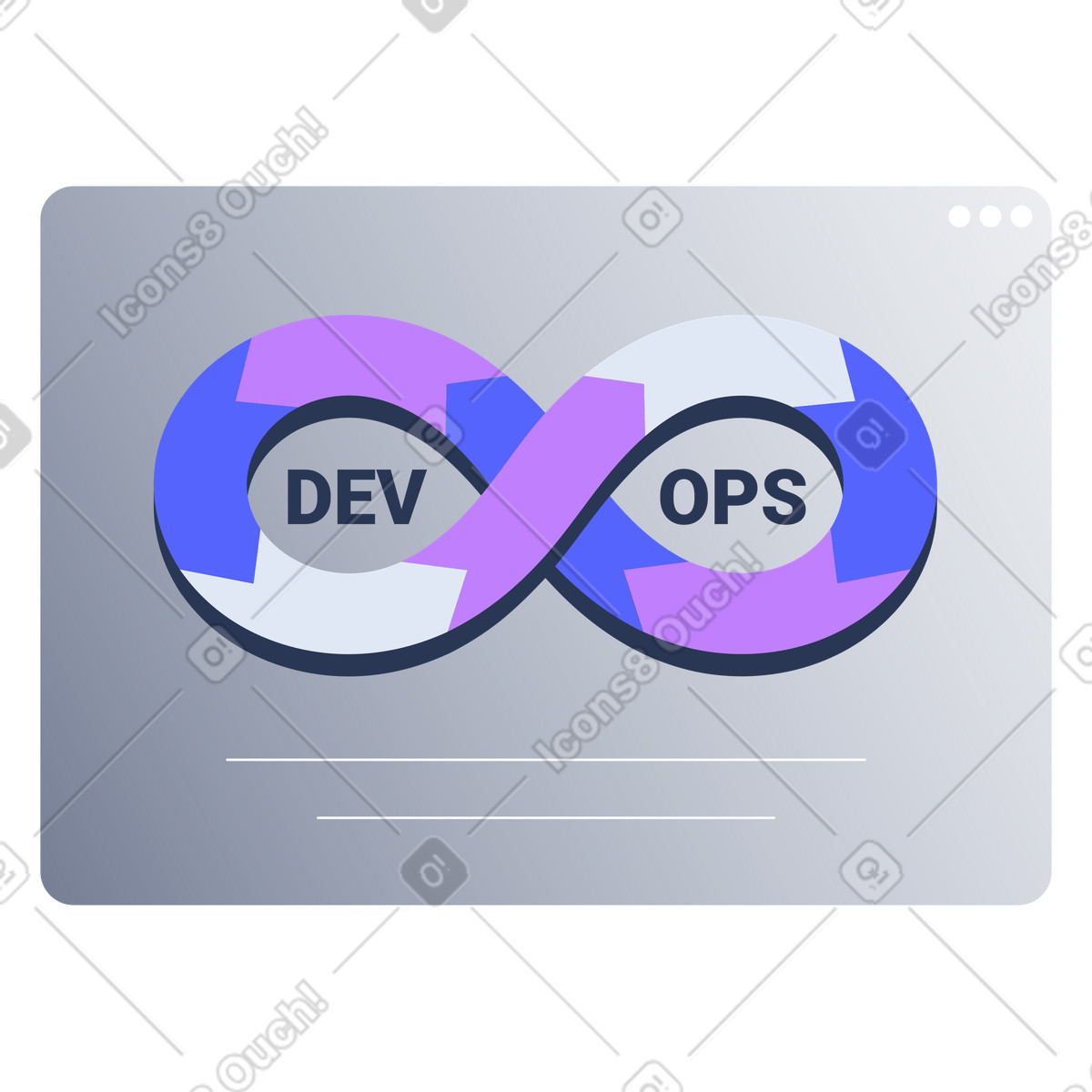 Ilustración Símbolo de infinito devops con letras devops, mostrado en una pantalla, ciclo vida entrega software, visualización del flujo trabajo estilo Lucent a descargar PNG y SVG