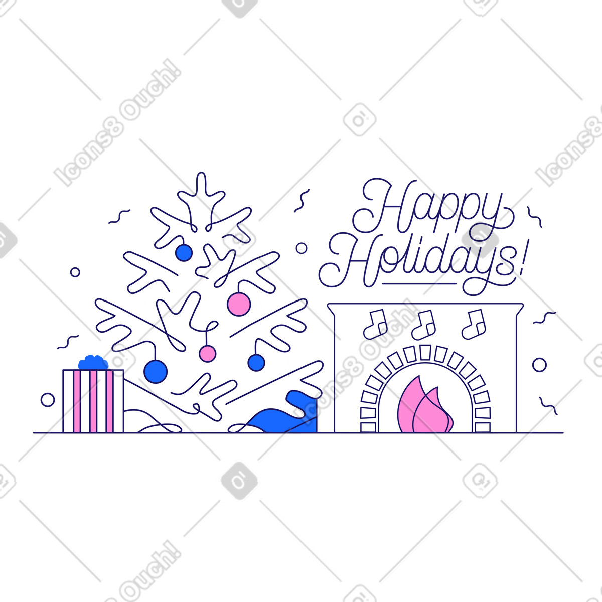 Ilustración Letras felices fiestas con árbol de navidad y chimenea en estilo Matey a descargar en PNG SVG