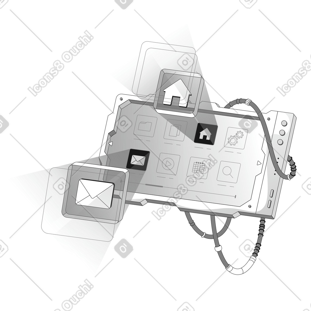 Ilustração de Tablet interface with home and email icons for futuristic communication em no estilo para baixar em PNG, SVG
