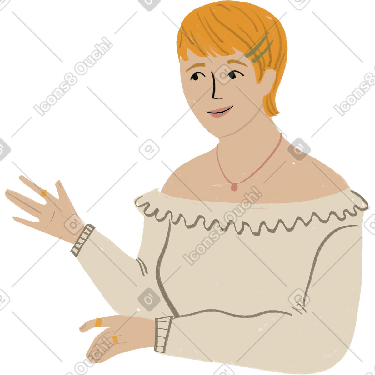 Blond woman smiling with her hand up illustration in Lumiere style download in PNG, SVG