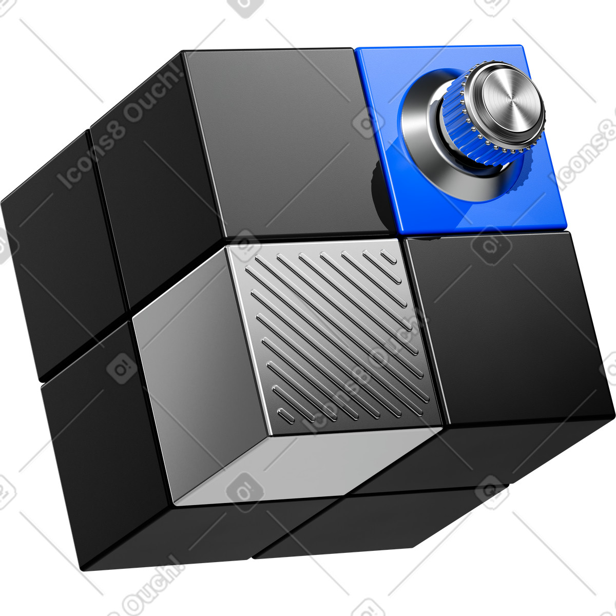 Cube control knob on modular black blue metallic device block-Illustration im 3D Pro-Stil als Download in PNG, SVG