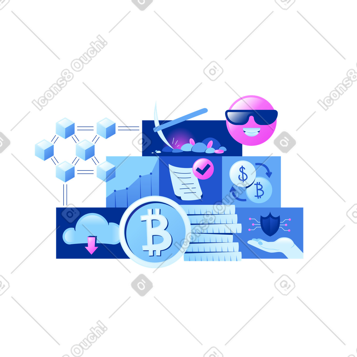 Blockchain, mining di bitcoin e trading criptovalute illustrazione in stile Glossy scarica in PNG, SVG