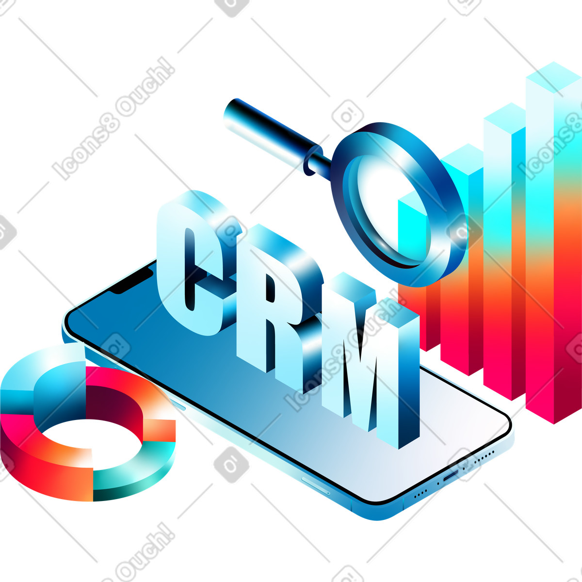 Isometrische crm-illustration, kundenbeziehungsmanagement-Illustration im Glare-Stil als Download in PNG, SVG