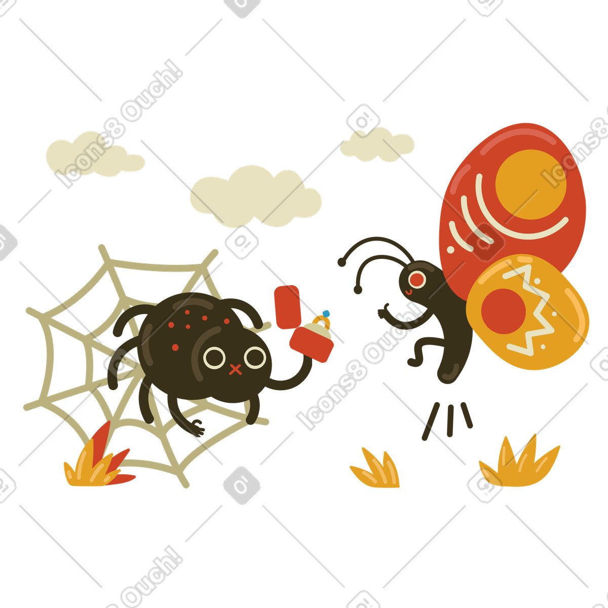 Ilustração de Aranha faz proposta casamento a uma borboleta em no estilo Arabica para baixar em PNG, SVG