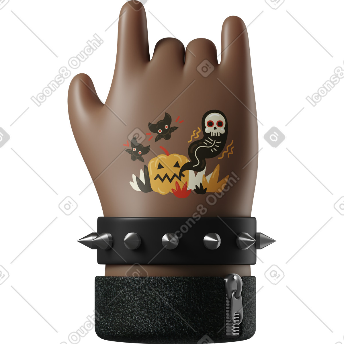 Ilustración Mano de piel marrón oscura rockero con un tatuaje que muestra el signo rock en estilo 3D Hands Fun&Wild a descargar en PNG y SVG