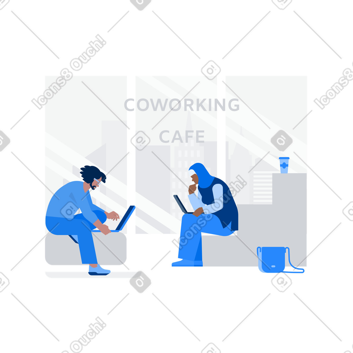 La donna in hijab, l'uomo con il laptop stanno lavorando insieme nel caffè di coworking illustrazione stile Urban scarica PNG, SVG