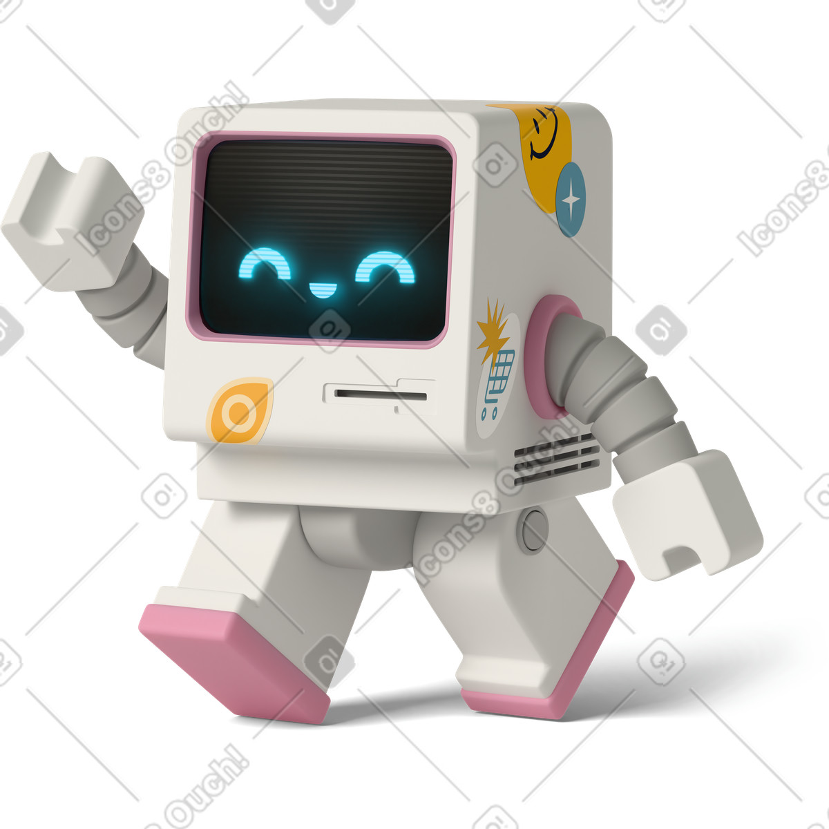 Ilustración Cute retro robot walking and waving en estilo 3D Casual life a descargar en PNG y SVG