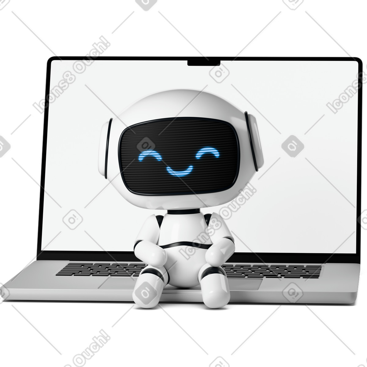 下载 3D Business 风格的 Cute robot sitting on a laptop 插画，支持 PNG、SVG 格式