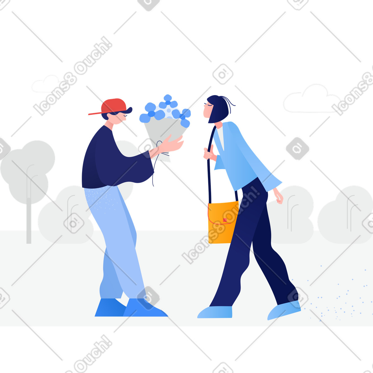 Junger mann schenkt seiner freundin einen blumenstrauß-Illustration im Clip-Stil als Download in PNG, SVG