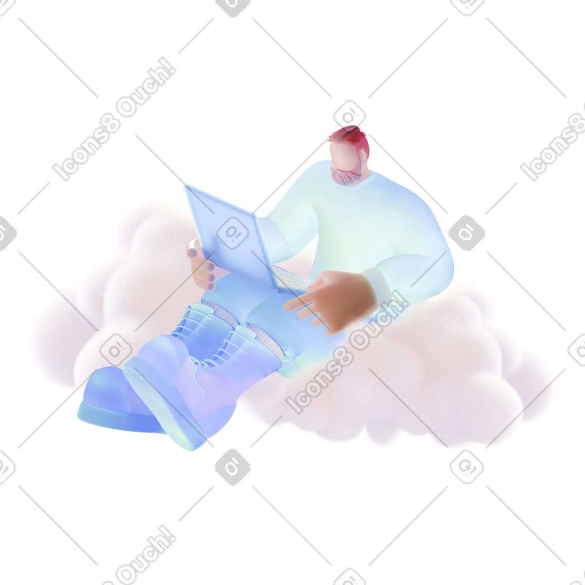 Lavoro rilassato su cloud digitale, archiviazione online e condivisione di file illustrazione animata in stile 3D Airy scaricabile in GIF, Lottie (JSON), AE