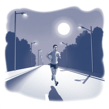 A runner is captured in motion on a quiet road. The runner is dressed in athletic gear, with a focused expression and determined stride. Streetlights line the sides of the road, casting pools of light that create stark contrasts with the surrounding darkness. The moon hangs overhead, providing soft illumination that highlights the runner's silhouette. Shadows stretch along the pavement, emphasizing the solitude of the scene and the tranquility of the night.