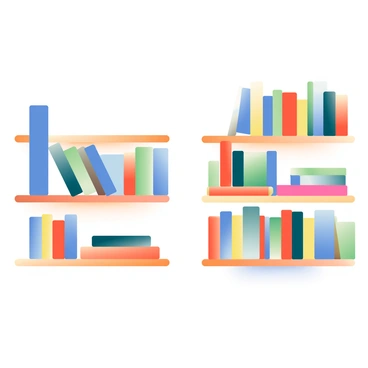 Two wooden shelves are displayed side by side, each filled with books arranged in ascending order of height. The books on the left shelf are predominantly blue and green, while those on the right shelf feature shades of red and yellow. The tallest book on the left shelf is positioned at the far end, while the shortest book is placed at the opposite end. The right shelf mirrors this arrangement, with its tallest book also at the far end and the shortest at the other end, demonstrating equivalent ratios by height. A warm light source illuminates the books, casting soft shadows on the shelves.