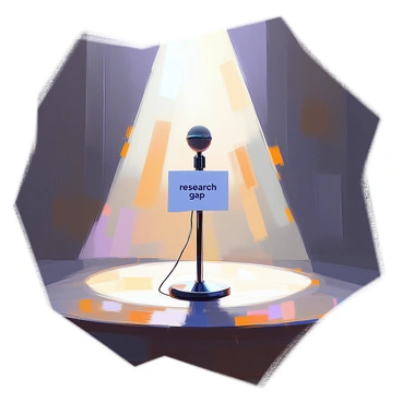An empty stage is illuminated by a bright spotlight focused on a solitary microphone at the center. The microphone is sleek and modern, standing on a polished black pedestal. In the spotlight's glow, a small, rectangular sign attached to the microphone reads "research gap" in clear, bold letters. The background remains dark, enhancing the sense of isolation and focus on the microphone and the message it conveys. The wooden stage floor reflects a subtle sheen from the spotlight, creating a striking visual contrast.