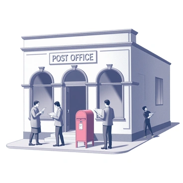 A vintage post office building with a classic architectural style, featuring large front windows and a detailed entrance. The structure has a sign that reads "Post Office" above the door. In front of the post office, a bright red mailbox stands prominently. Several people are interacting in the scene: one person is placing a letter into the mailbox, while another is holding an envelope and walking towards the entrance. A third individual is standing on the sidewalk, looking at a map. The overall atmosphere conveys a sense of community and the everyday act of sending letters.