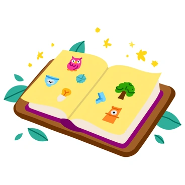 An open book with pages that emit a soft, warm glow. Each page is filled with intricate, colorful illustrations of symbols representing wisdom, such as an owl, a tree, and lightbulbs. The book rests on a wooden surface, surrounded by scattered leaves and small, twinkling stars that add a magical touch. The background is softly blurred to emphasize the book and its luminous pages.
