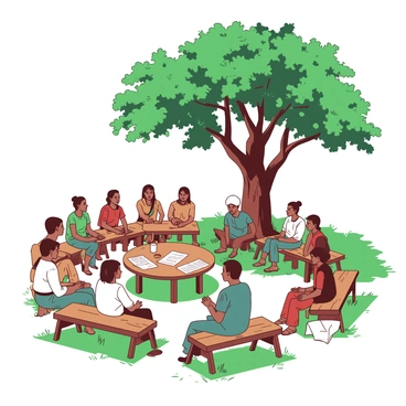 A small village council meeting is taking place under a large, leafy tree with a thick trunk. The tree provides shade for a diverse group of community members who are sitting on wooden benches and the grassy ground. In the center, a round wooden table is set up with papers and a few chairs. Some individuals are engaged in conversation, while others are listening attentively to a speaker at the table. Various traditional clothing styles can be seen among the attendees, showcasing the cultural diversity of the village. Sunlight filters through the tree branches, creating dappled light on the scene.