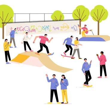 A vibrant skate park scene filled with skateboarders performing tricks. In the foreground, a skateboarder in a red t-shirt is executing an ollie over a ramp, while another skateboarder in a blue hoodie is grinding along a rail. Surrounding them are several spectators, some cheering and others filming the tricks on their smartphones. The background features a graffiti-covered wall adding color to the urban environment. There are various ramps and obstacles throughout the skate park, with trees lining the edges, creating a lively atmosphere.