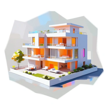 A detailed 3D model of a residential building showcasing multiple floors. The building features a modern architectural design with large windows and a flat roof. Floor plans are displayed, illustrating the layout of each level, including the arrangement of rooms such as living spaces, bedrooms, and bathrooms. Side views offer a perspective on the building's exterior, highlighting structural elements such as balconies and staircases. The model is set against a simple background to emphasize the design details.