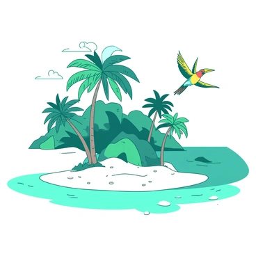 A teal island with soft sandy beaches dotted with smooth white pebbles along the shore. Tall palm trees sway gently in the breeze, their leaves creating a lush canopy. Brightly colored tropical birds with vivid plumage fly gracefully above, casting shadows on the ground below. The coastline is curved, leading to calm turquoise waters that stretch out to the horizon. A few fluffy white clouds drift lazily across the sky.