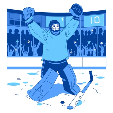 A blue hockey goalie, wearing a helmet and pads, raises both arms in the air in celebration after a game win. The goalie stands on the ice, surrounded by scattered pucks and a few fallen sticks. Behind the goalie, a cheering crowd is visible in the stands, with some fans waving blue and white flags. The scoreboard in the background shows the final score, highlighting the victory. The ice reflects the bright arena lights, adding to the celebratory atmosphere.