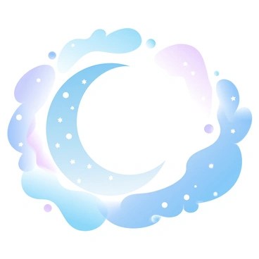 A night sky filled with numerous stars creates a vibrant atmosphere. The stars are depicted using small, stippled brush strokes, giving them a textured appearance. Swirling clouds of deep blue and violet blend smoothly in the background, enhancing the starry effect. A large crescent moon is positioned prominently in the sky, surrounded by a halo of soft light. The overall scene radiates a sense of calm and wonder.