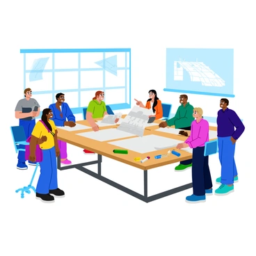 A diverse team of architects is gathered around a large table, closely examining blueprints for a bridge design. The bridge features wide ramps and interconnected pathways that accommodate wheelchairs, bicycles, and pedestrians. The architects are engaged in discussion, with one pointing at a detailed section of the plans. Various architectural tools, such as rulers and colored markers, are spread across the table. Large windows in the background allow natural light to flood the room, illuminating the team's enthusiasm and collaboration.