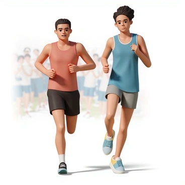 Two athletes are running side by side in a competitive road race, both focused intensely on the finish line ahead. The first athlete, a man wearing a red tank top, black shorts, and running shoes, is leaning forward with determination, his muscles visibly straining as he pushes for speed. The second athlete, a woman dressed in a blue tank top, gray shorts, and bright sneakers, matches his pace with her head slightly turned, her expression fierce and concentrated. The background shows a blurred crowd of spectators cheering them on, creating an atmosphere of excitement and energy.