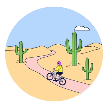 A lone cyclist riding on a winding dirt path through a vast desert landscape. The desert features rolling sand dunes under a bright blue sky. Towering green cacti with long arms rise prominently from the sandy ground. The cyclist is wearing a bright red helmet and a yellow jersey, pedaling steadily as a few wispy clouds float above. The sun casts sharp shadows on the ground, emphasizing the contours of the desert terrain.