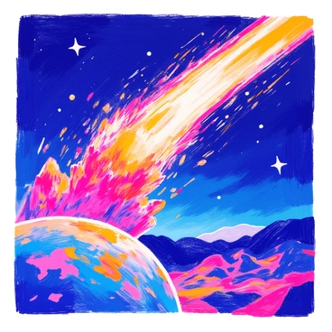 A fiery meteor is streaking across the night sky, its surface glowing bright orange and red with intense heat. It is depicted in mid-descent, surrounded by a halo of sparks and flames that trail behind it. The meteor's rocky surface is textured and uneven, showcasing craters and fissures. Beneath the meteor, the Earth is visible, with a dark landscape illuminated by the fiery light above, creating a dramatic contrast against the night backdrop.