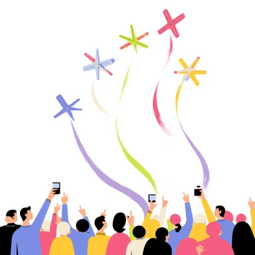 A group of colorful aeroplanes performing stunts in the sky during an airshow. The aeroplanes are executing loops, spins, and dives, leaving trails of smoke in vibrant colors. Below, large crowds are gathered, watching the thrilling display with excitement. Some people are holding cameras, capturing the action, while others are pointing up at the sky in amazement. The scene is filled with energy and the atmosphere of a festive event.