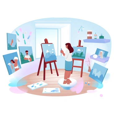 An artist's studio is filled with numerous canvases depicting different scenes of the artist engaged in their craft. One canvas shows the artist painting a vibrant landscape with mountains and trees in the background. Another canvas illustrates the artist working on a portrait, surrounded by brushes and paint tubes. The studio has an easel in the center, with a half-finished painting of abstract shapes. Paint splatters are visible on the wooden floor, and shelves hold an array of art supplies like paints and brushes. Natural light filters through a large window, casting soft shadows across the room.