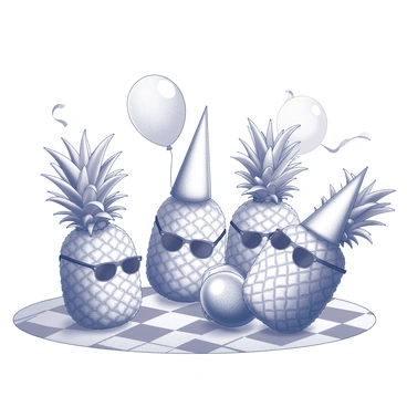 A colorful party scene with pineapples wearing sunglasses and party hats