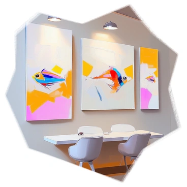 A gallery wall showcasing a series of abstract paintings that are inspired by the shapes and colors of fishing lures. The wall is painted a neutral tone, allowing the vibrant colors of the artworks to stand out. Each painting features bold, fluid lines and dynamic forms that mimic the silhouette of various fishing lures. The color palette includes bright yellows, deep blues, vivid reds, and shimmering metallics, reflecting the materials used in actual lures. The compositions are varied, some resembling the curves of spoons, while others echo the shapes of jigs and plugs. The paintings are arranged in an eye-catching grid pattern, with varying sizes adding visual interest to the overall display. Soft lighting highlights the textures and colors of the paintings.