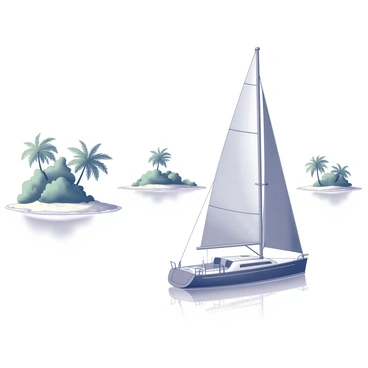 A series of idyllic islands dotting the seascape. Each island features lush, green palm trees and small sandy beaches fringed by gentle waves. In the foreground, a sleek catamaran is captured in motion, its sails billowing in the wind as it glides gracefully over the water. The catamaran is reflected in the calm surface of the sea, creating a sense of harmony with the surrounding islands. The sky above is clear, enhancing the tranquil atmosphere of this tropical paradise.