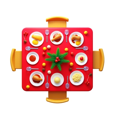 A festive table set with a bright red tablecloth. The table is adorned with a centerpiece featuring a decorative arrangement of evergreen branches, pinecones, and red berries. There are several plates, each filled with traditional Christmas dishes such as roasted turkey, cranberry sauce, and mashed potatoes. Surrounding the plates are sparkling wine glasses and silver cutlery. Small, colorful ornaments are scattered across the table, adding to the festive atmosphere. Strings of twinkling fairy lights are draped around the edges of the table.