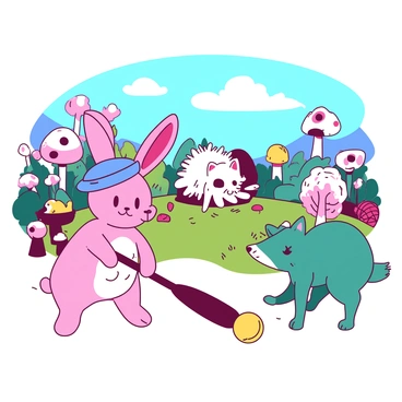 A pink rabbit wearing a tiny blue hat is holding a mallet, poised to swing at a yellow croquet ball. Nearby, a teal raccoon is balancing on two legs while trying to line up its shot, its expression focused yet comical. In the background, a white hedgehog is attempting to set up a hoop, struggling with its spines. A colorful garden filled with oversized flowers and mushrooms surrounds the scene, adding to the whimsical atmosphere. The sky is a bright blue, dotted with fluffy white clouds.