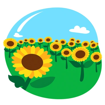 A vibrant field filled with solar panels designed to resemble large sunflowers. Each solar panel features bright yellow petals radiating from a dark center, mimicking the appearance of blooming flowers. The panels are arranged in a way that they create the illusion of a sunflower field swaying gently in the breeze. The sky above is a clear blue, enhancing the bright colors of the sunflowers below. Green grass fills the ground around the solar panels, contributing to the lively atmosphere of the scene.