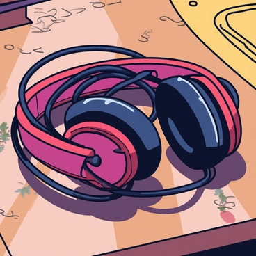 A messy bundle of tangled headphones on a wooden desk