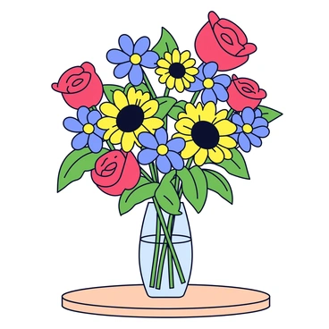 A floral arrangement featuring a variety of vibrant flowers, including red roses, yellow sunflowers, and blue daisies. The flowers are arranged in a simple glass vase that sits on a light-colored table. The stems of the flowers are lush and green, creating a vivid contrast against the colorful blooms. Each flower is illustrated with clear, distinct shapes, emphasizing their unique characteristics. The overall composition is lively and eye-catching.