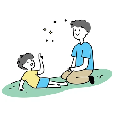 A child with curly hair, wearing a yellow t-shirt and blue shorts, is lying on their back on a grassy hill. Beside them is an adult with short hair, dressed in a light blue shirt and khaki pants. Both are gazing up at the night sky filled with stars. The child is pointing with one hand at a cluster of stars while the adult smiles, looking at the same direction, both surrounded by a gentle slope of green grass.