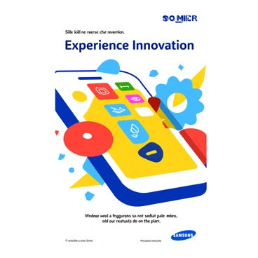 A vibrant advertisement poster for a Samsung device featuring a sleek smartphone at the center. The smartphone displays a bright screen with colorful app icons. Surrounding the device are bold, abstract shapes in various colors like blue, red, and yellow, overlapping and creating a dynamic composition. The background is filled with geometric patterns that enhance the energy of the design. Text at the top reads "Experience Innovation" in modern font, while a tagline at the bottom highlights unique features of the device.