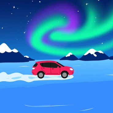 A bright red car driving across a vast frozen lake. The car leaves tire tracks on the smooth ice surface, glistening under the light. Above, vibrant neon auroras swirl across the night sky, displaying a mix of green, purple, and blue hues. The scene is illuminated by the reflected colors of the auroras on the ice, creating a magical interplay of light and shadow. In the distance, snow-capped mountains rise against the backdrop of the dazzling lights.