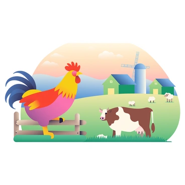 A vibrant farm scene at dawn is coming to life. In the foreground, a large rooster with bright red feathers is perched on a wooden fence, its beak open as it crows. Nearby, a brown and white cow is standing in a grassy field, its head lowered as it mooing softly. The sky above is painted in soft shades of orange and pink, indicating the early morning light. In the background, several green and yellow barns are positioned next to a grazing area where a few sheep are scattered. A windmill slowly turns in the gentle breeze, completing the tranquil farm atmosphere.