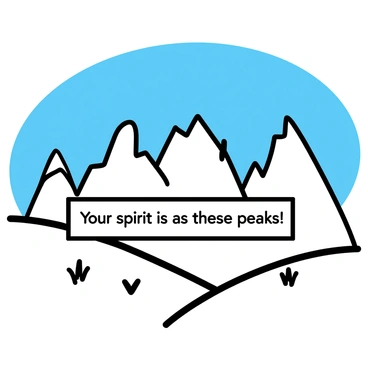 A vast mountain landscape featuring multiple peaks under a clear blue sky. The mountains are depicted with sharp, angular lines to emphasize their grandeur, with jagged edges and snow-capped summits. In the foreground, there is a gently sloping meadow filled with simple, stylized grass. Centered in the scene is a banner that reads "Your spirit is as strong as these peaks!" The banner is illustrated with clean lines, making it stand out against the natural elements of the mountains and meadow.