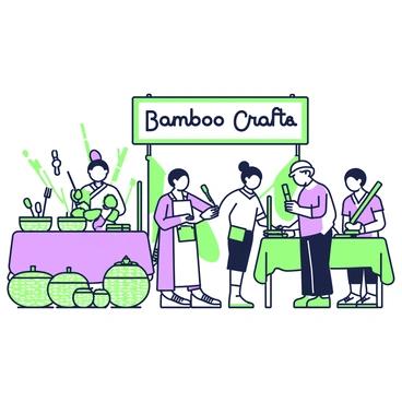 A market scene bustling with activity, showcasing a variety of bamboo crafts for sale. Stalls line the pathway, each adorned with an array of bamboo items. To the left, there is a stall featuring intricately woven bamboo baskets of different sizes, some with lids and others open, displaying delicate designs. Next to it, another stall presents bamboo utensils such as spoons and forks, neatly arranged on a table. A vendor stands behind one of the stalls, wearing a traditional outfit, demonstrating the use of a bamboo flute to a small group of interested customers. In the background, a colorful banner hangs overhead, reading "Bamboo Crafts" in bold letters.