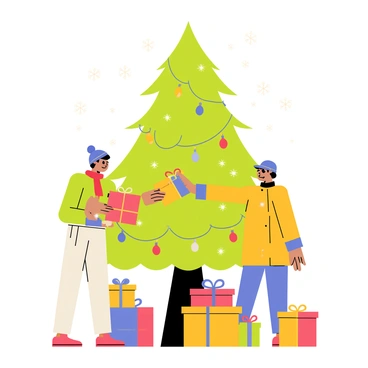 Two friends are standing under a large, decorated Christmas tree. The tree is adorned with colorful ornaments and twinkling lights. One friend, wearing a red scarf and a green sweater, is handing a brightly wrapped gift to the other friend, who is wearing a blue hat and a yellow coat. The scene is filled with gift boxes in various shapes and sizes on the ground around them. A warm glow emanates from the tree lights, creating a cheerful atmosphere. Snowflakes are gently falling in the background, adding to the festive mood.