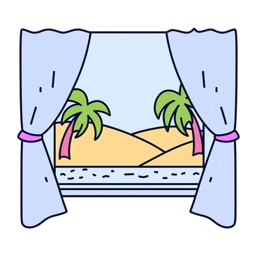 A tranquil desert oasis is visible through a window. The oasis features lush green palm trees and sparkling water reflecting the sunlight. In front of the window, light fabric drapes softly, creating gentle folds that sway slightly. The background showcases sandy dunes that stretch into the distance, contrasting with the vibrant greenery of the oasis.